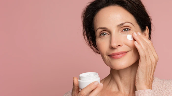 Woman applying anti-aging skincare cream to her face against a pink background