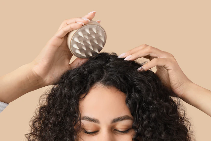 Person using a metal scalp massager on curly black hair against a neutral beige background