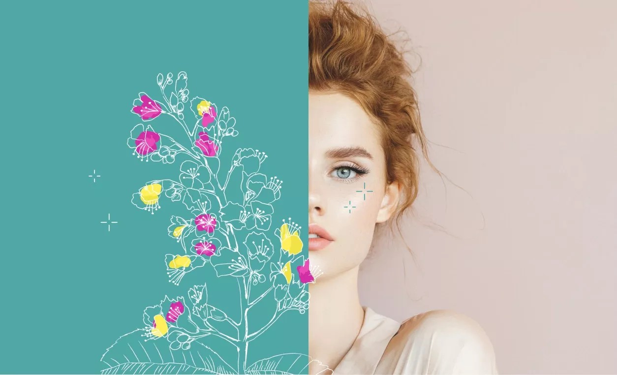 Woman's face split between turquoise floral illustration and neutral portrait photograph