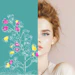 Woman's face split between turquoise floral illustration and neutral portrait photograph