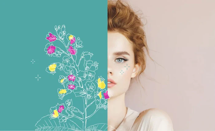Woman's face split between turquoise floral illustration and neutral portrait photograph