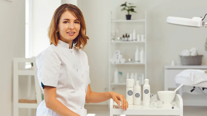 Professional woman in white coat presenting skincare products in modern spa treatment room