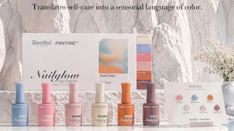 Beetles x Pantone gel polish collection display with six nail polish bottles in various colors, packaging boxes, and color swatch cards on a white textured background.