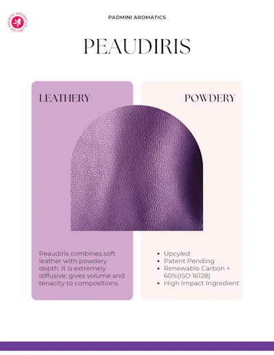 Peaudiris material by Padmini Aromatics featuring leathery texture with powdery depth, upcycled with renewable carbon content