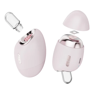 Pink facial cleansing device with chrome accents shown from multiple angles with detachable components