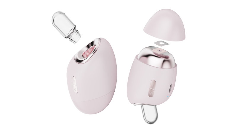 Pink and silver personal care device shown with removable dome cap and clear applicator head in multiple angles