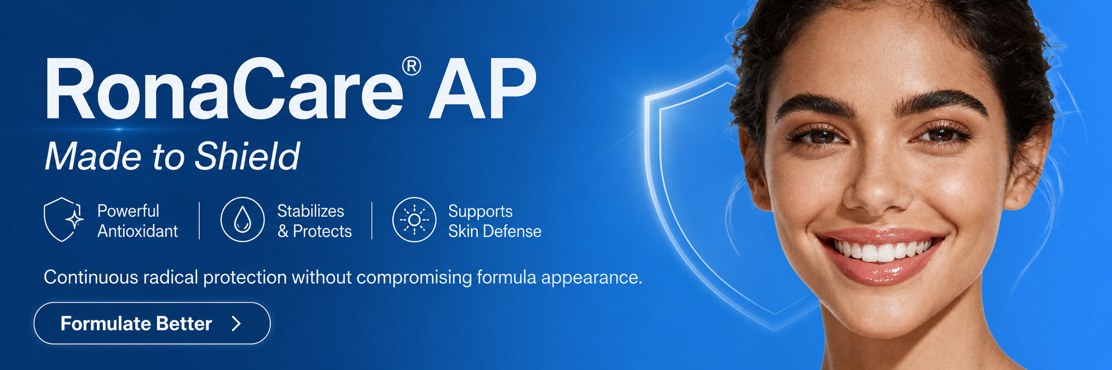 RonaCare AP skincare product advertisement featuring woman with shield protection concept and antioxidant benefits