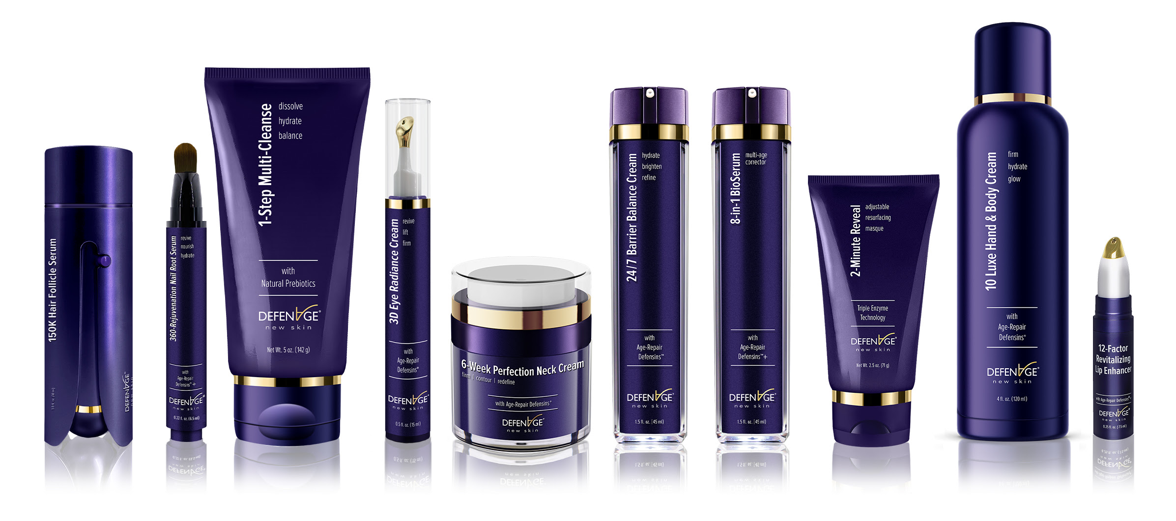 OXYMEDGE skincare product collection featuring purple bottles and containers with gold accents arranged in a row