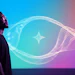 Man gazing at glowing blue and purple digital waves with a four-pointed star design on a gradient background