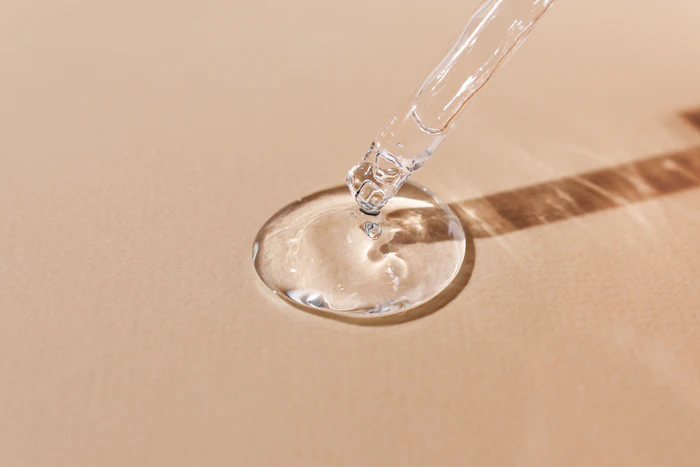 Clear liquid serum dispensed from dropper into glass dish on beige background