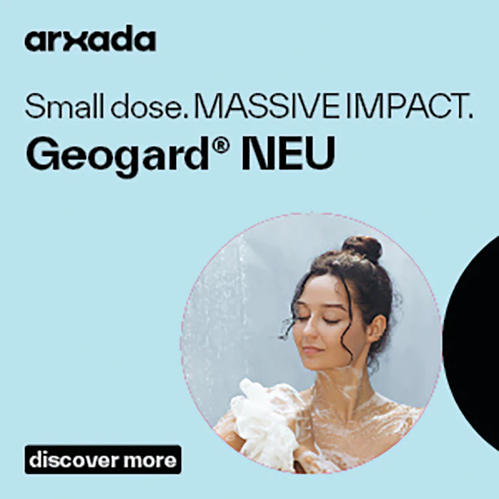 Geogard NEU skincare product advertisement featuring woman in shower with text 'Small dose. MASSIVE IMPACT.'