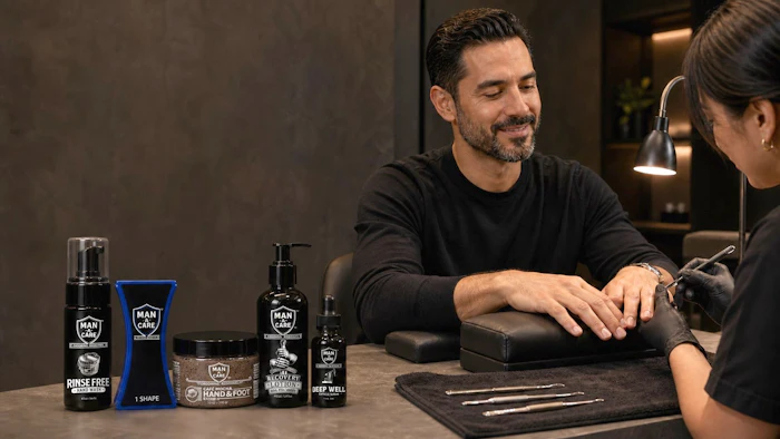 Male groomer consulting with client at counter displaying ManCave men's grooming products