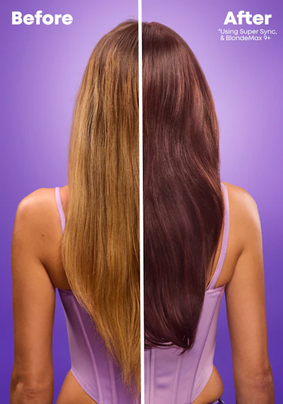 Before and after hair color transformation showing golden-brown hair transformed to deep burgundy using Super Sync and BlondeMax 9+ products