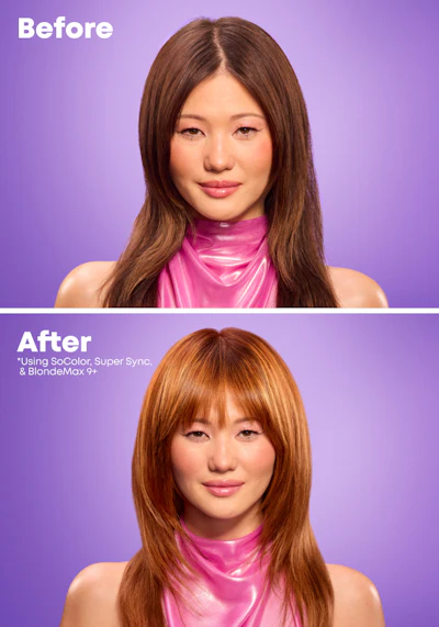 Before and after hair color transformation using SoColor, Super Sync, and BlondeMax 9+ products on a woman with long hair