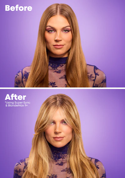 Before and after comparison of blonde hair treatment results using Super Sync and BlondeMax 9+ products