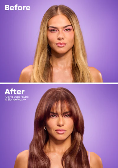 Before and after hair color transformation using Super Sync and BlondeMax 9+, showing lighter blonde to rich brunette with bangs