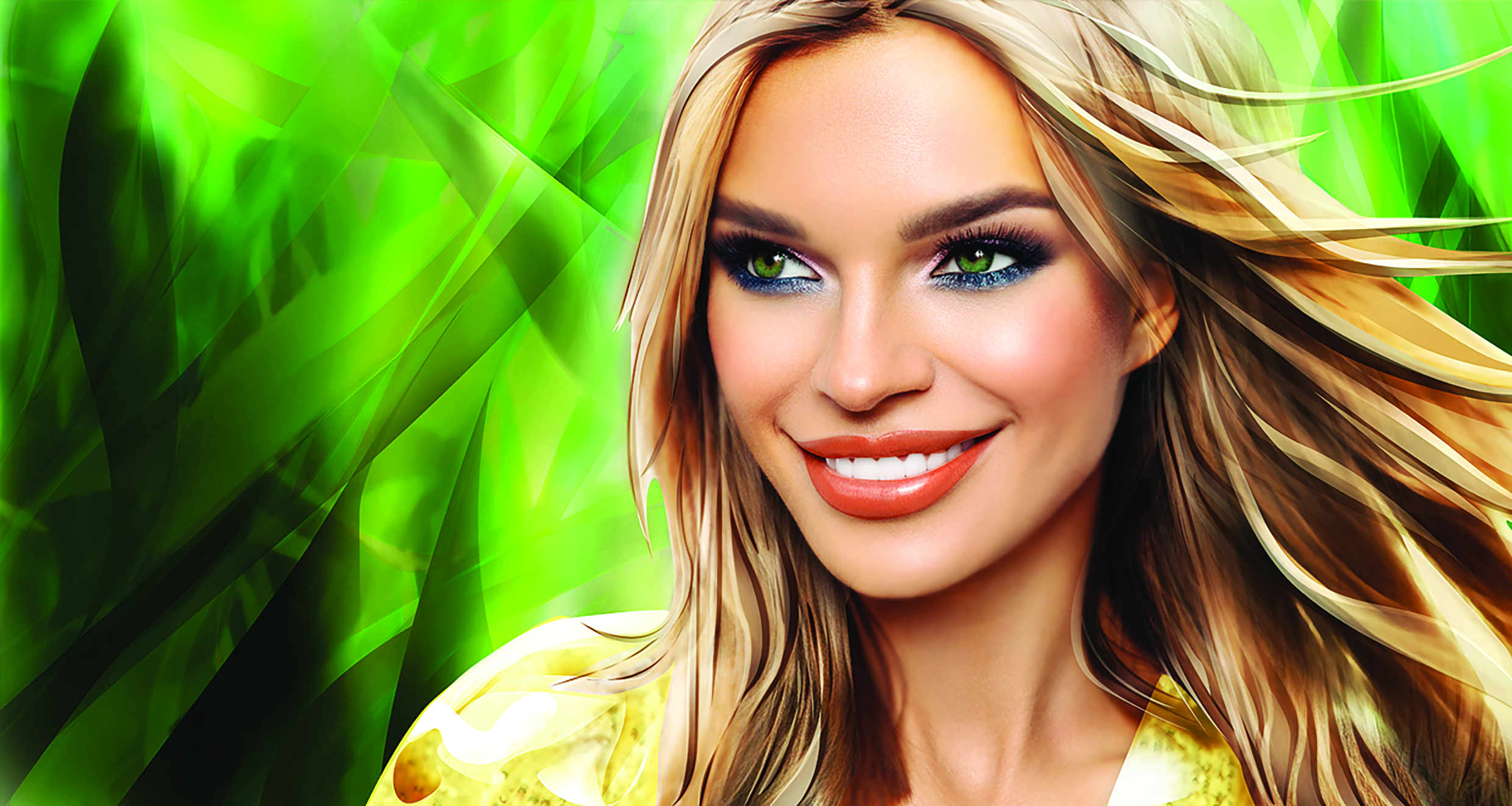 Portrait illustration of a blonde woman smiling with green foliage background