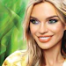 Portrait illustration of a blonde woman smiling with green foliage background
