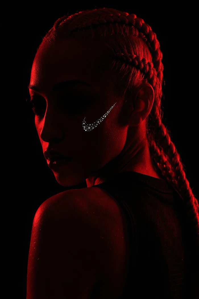 Profile portrait of person with braided hair wearing diamond earring, lit with dramatic red lighting against black background