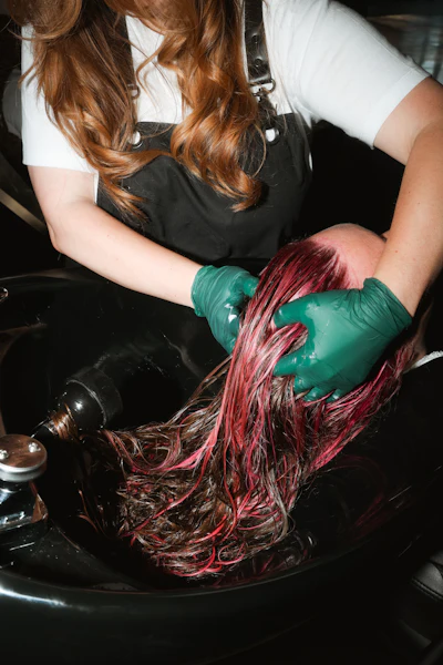 Hair stylist applying teal-colored dye to reddish-brown hair in a black basin during coloring treatment