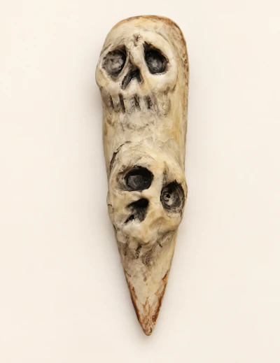 Carved bone or ivory artifact featuring two skull faces stacked vertically with pointed base